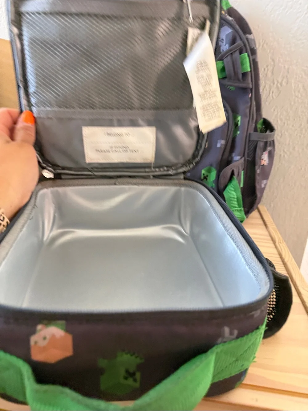 Minecraft Pottery Barn kids Gray & Green Backpack Set with Lunch Bag and Bottle